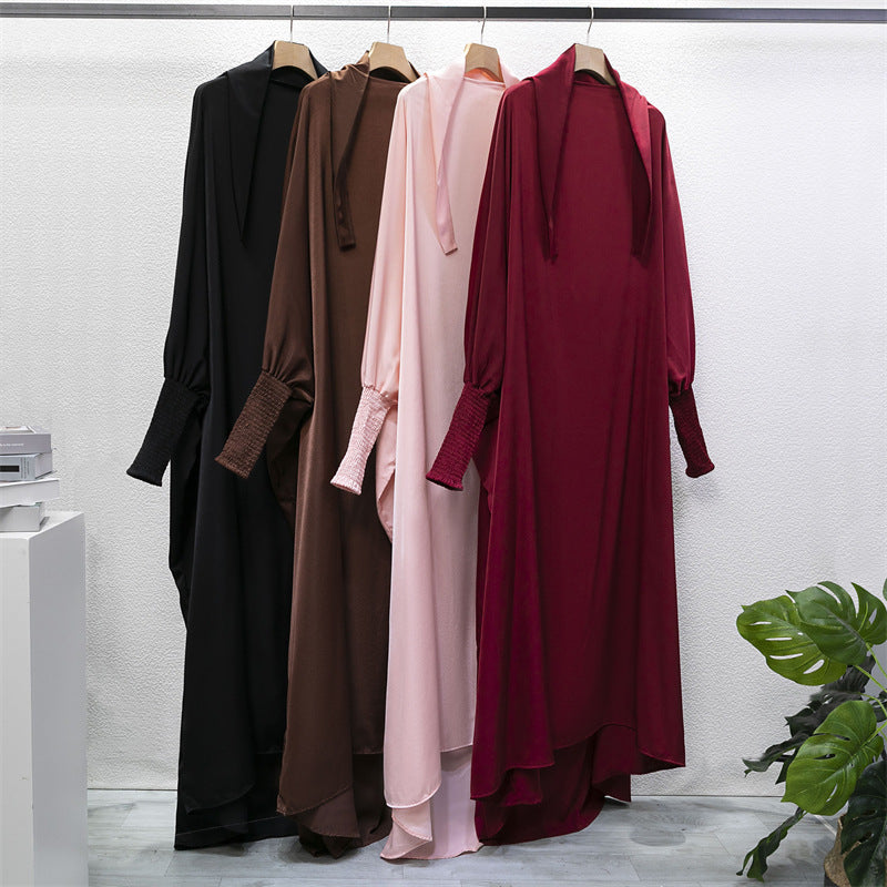 HS10067 Jilbab de prière musulman de couleur unie Mukena avec tissu doux et poignets élastiqués et hijab instantané attachable