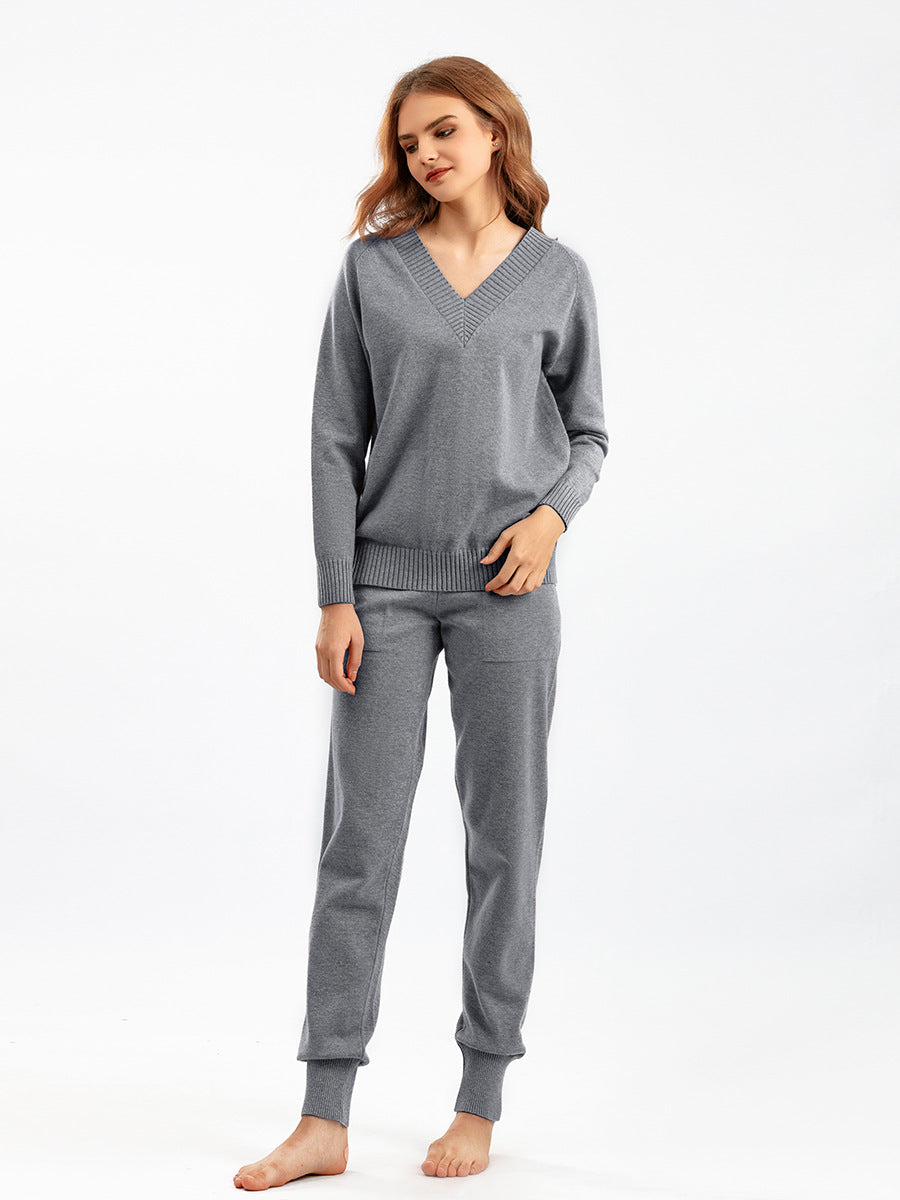HS0476 autum and winter knitted 2 PCS SET V-neck with pockets