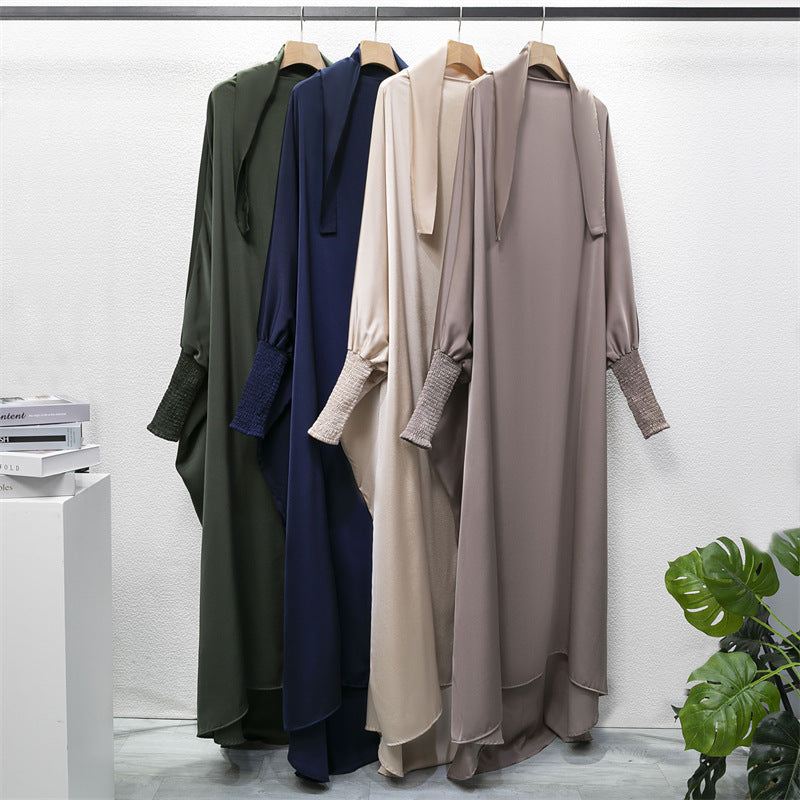 HS10067 Jilbab de prière musulman de couleur unie Mukena avec tissu doux et poignets élastiqués et hijab instantané attachable
