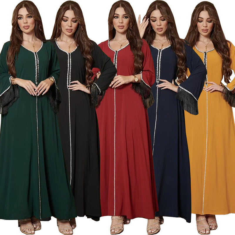 فستان نسائي مسلم HS0440 مزين بالماس بتصميم عصري من الفسيفساء مع شرابات