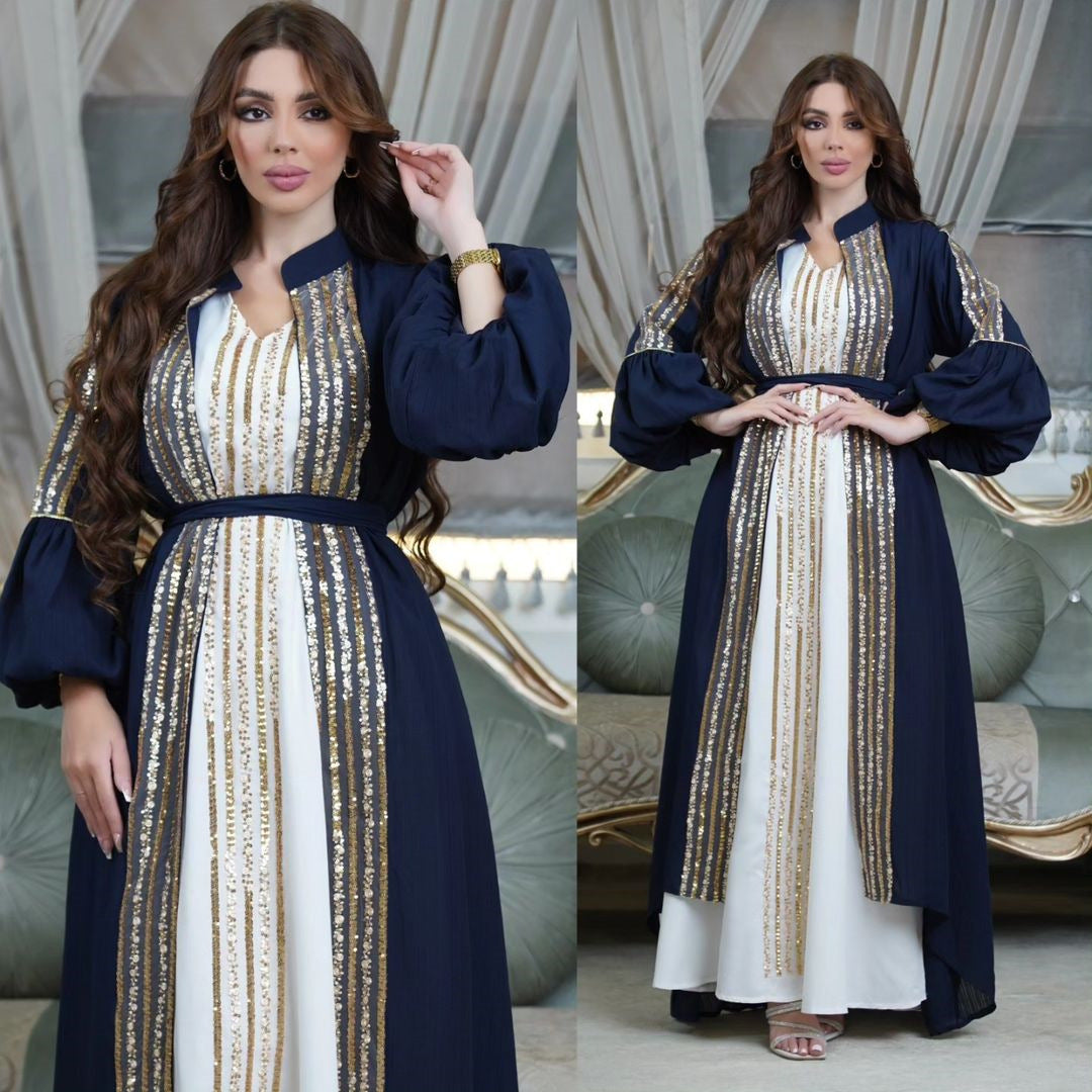 فستان نسائي إسلامي مطرز بالترتر مكون من قطعتين بأكمام منفوخة من HS0441