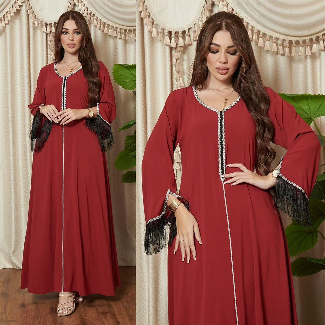 فستان نسائي مسلم HS0440 مزين بالماس بتصميم عصري من الفسيفساء مع شرابات