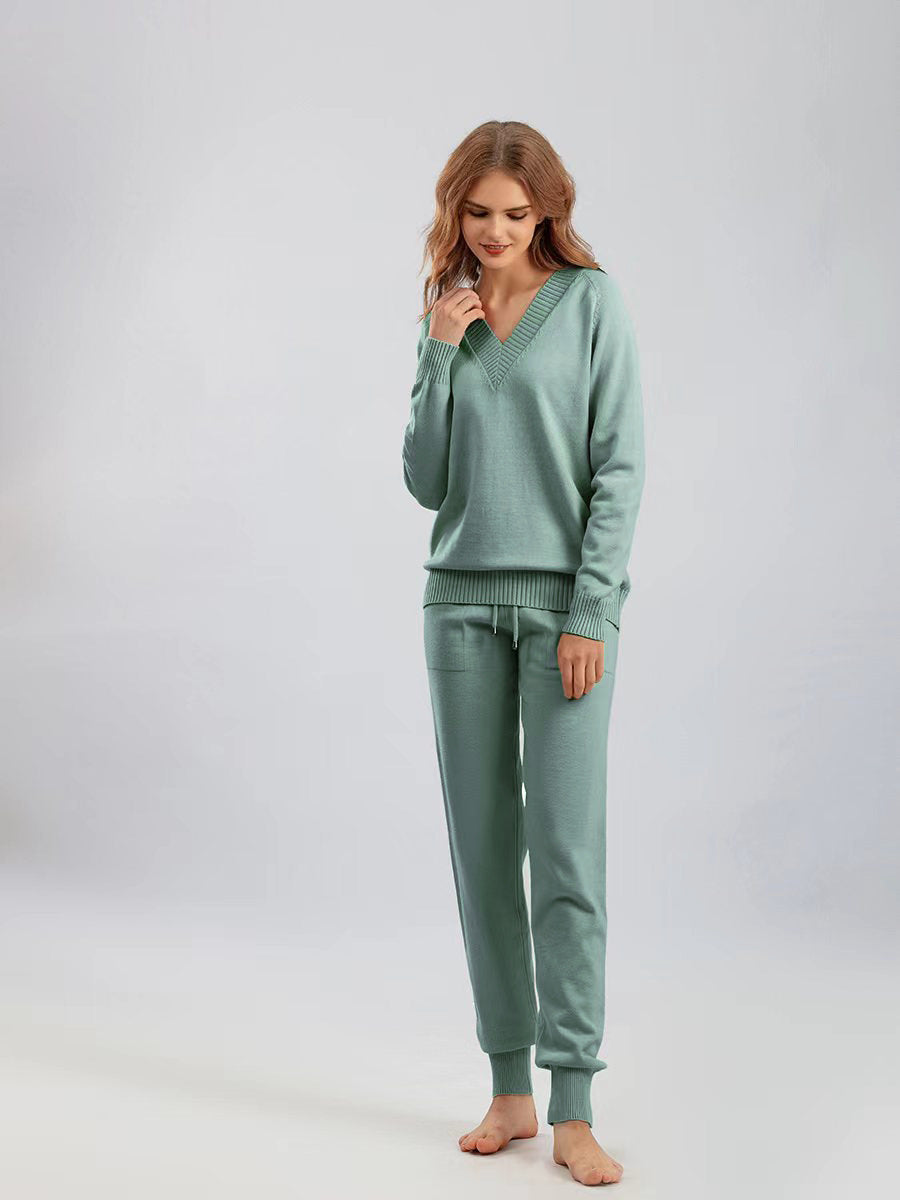 HS0476 autum and winter knitted 2 PCS SET V-neck with pockets