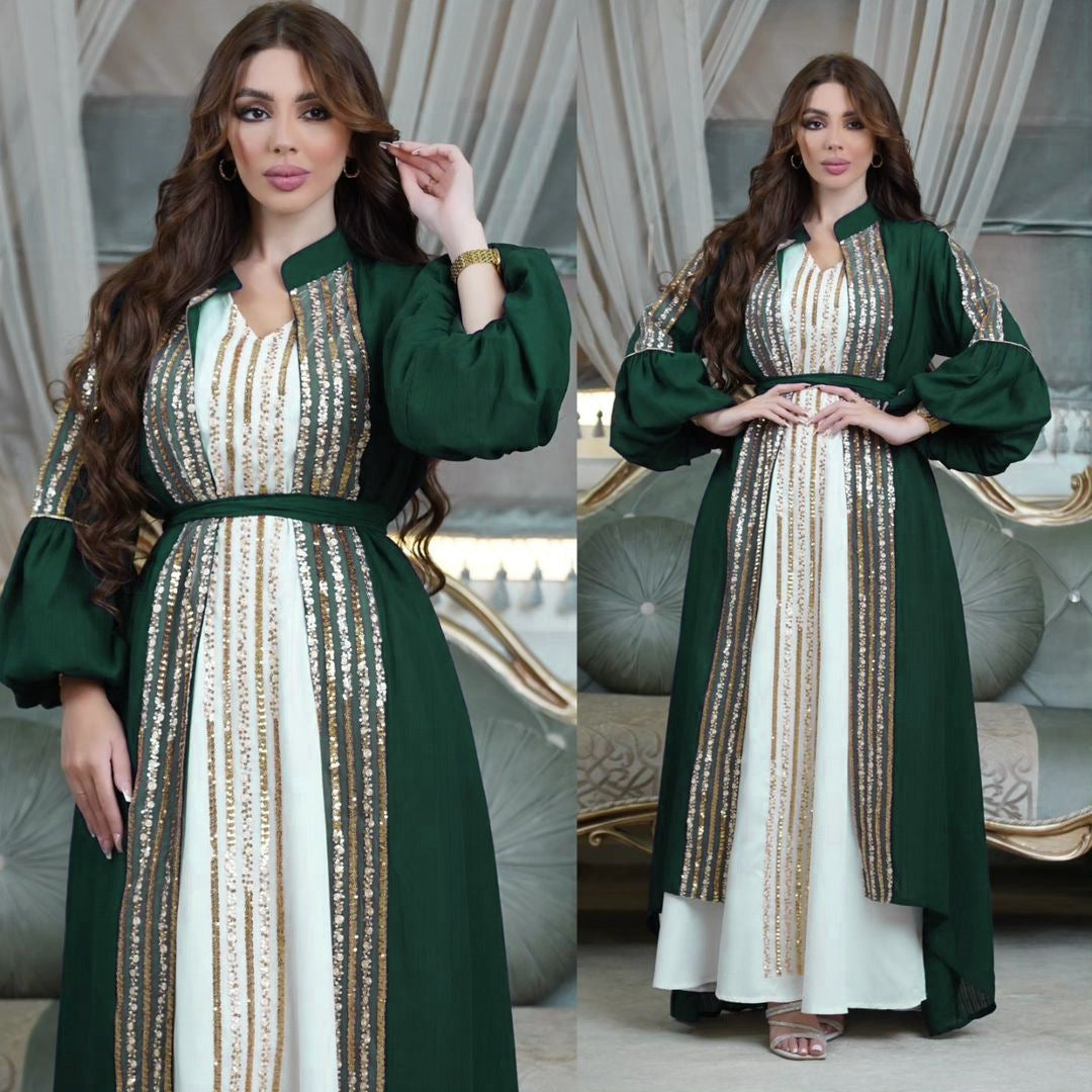 فستان نسائي إسلامي مطرز بالترتر مكون من قطعتين بأكمام منفوخة من HS0441