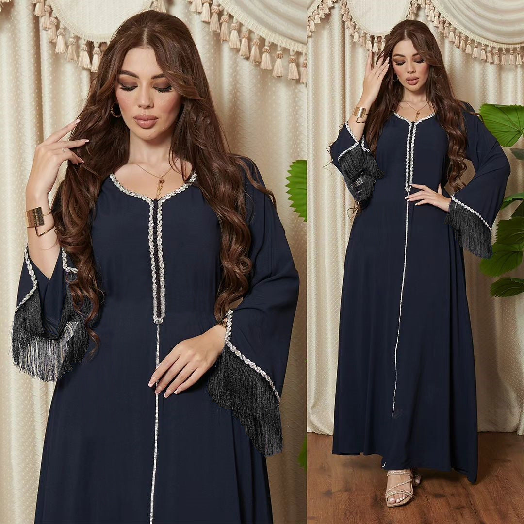 فستان نسائي مسلم HS0440 مزين بالماس بتصميم عصري من الفسيفساء مع شرابات