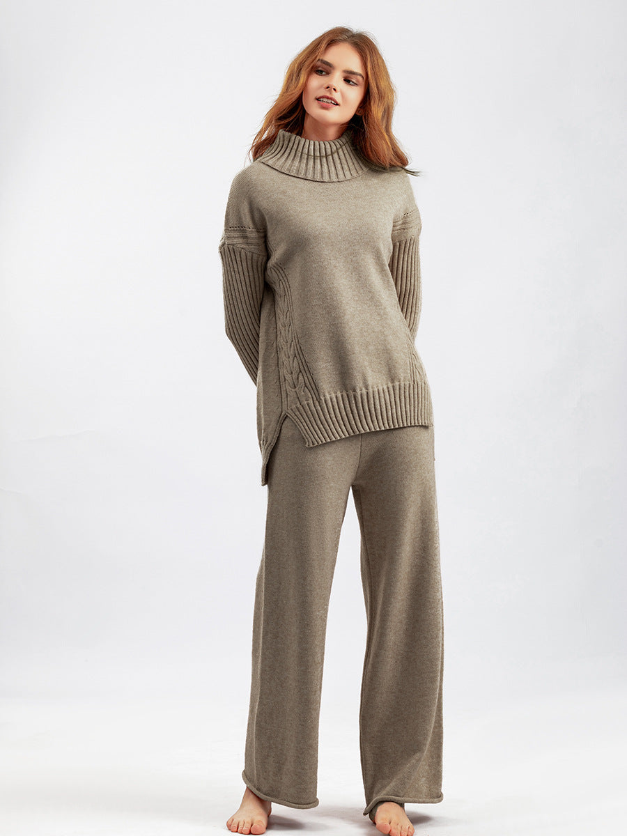 HS0472 Nouvel ensemble tricoté d'hiver 2 pièces col roulé mi-long couleur unie