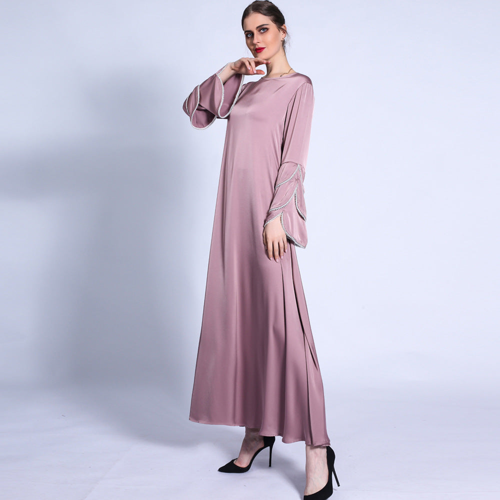 فستان HS0431 غير اللامع بذيل السمكة وأكمام بثلاث طبقات وخرز لامع على شكل حرف A وفستان طويل متأرجح كبير للنساء