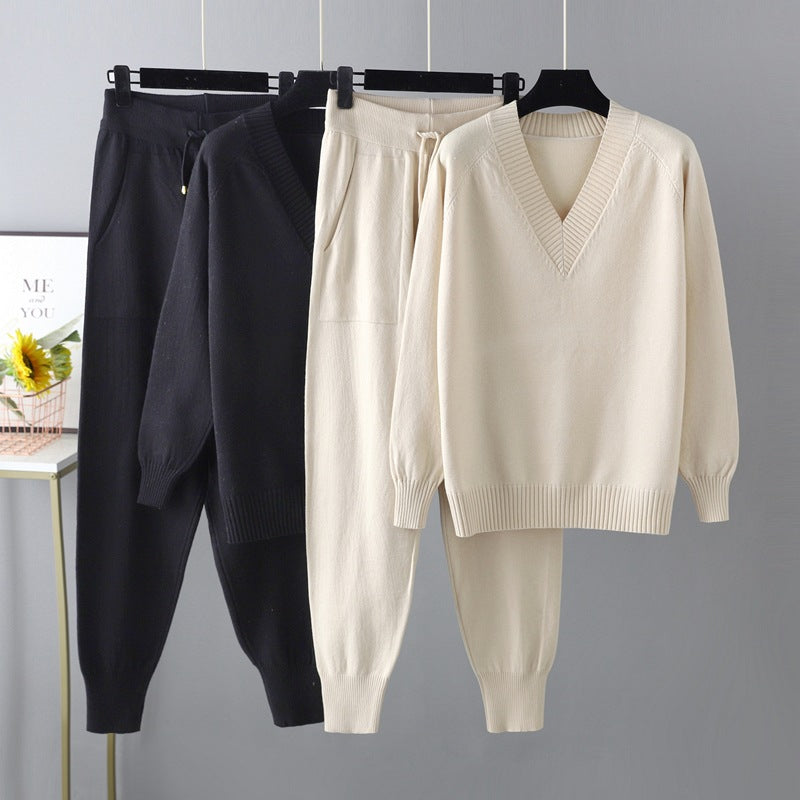 HS0476 autum and winter knitted 2 PCS SET V-neck with pockets