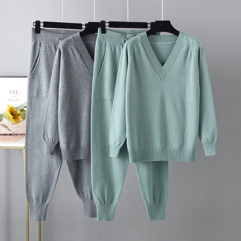 HS0476 autum and winter knitted 2 PCS SET V-neck with pockets