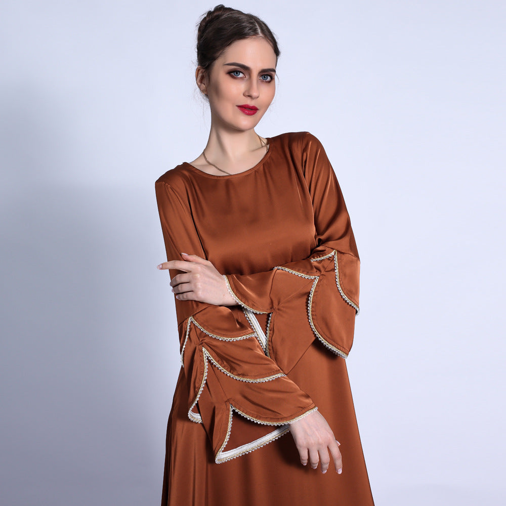 فستان HS0431 غير اللامع بذيل السمكة وأكمام بثلاث طبقات وخرز لامع على شكل حرف A وفستان طويل متأرجح كبير للنساء
