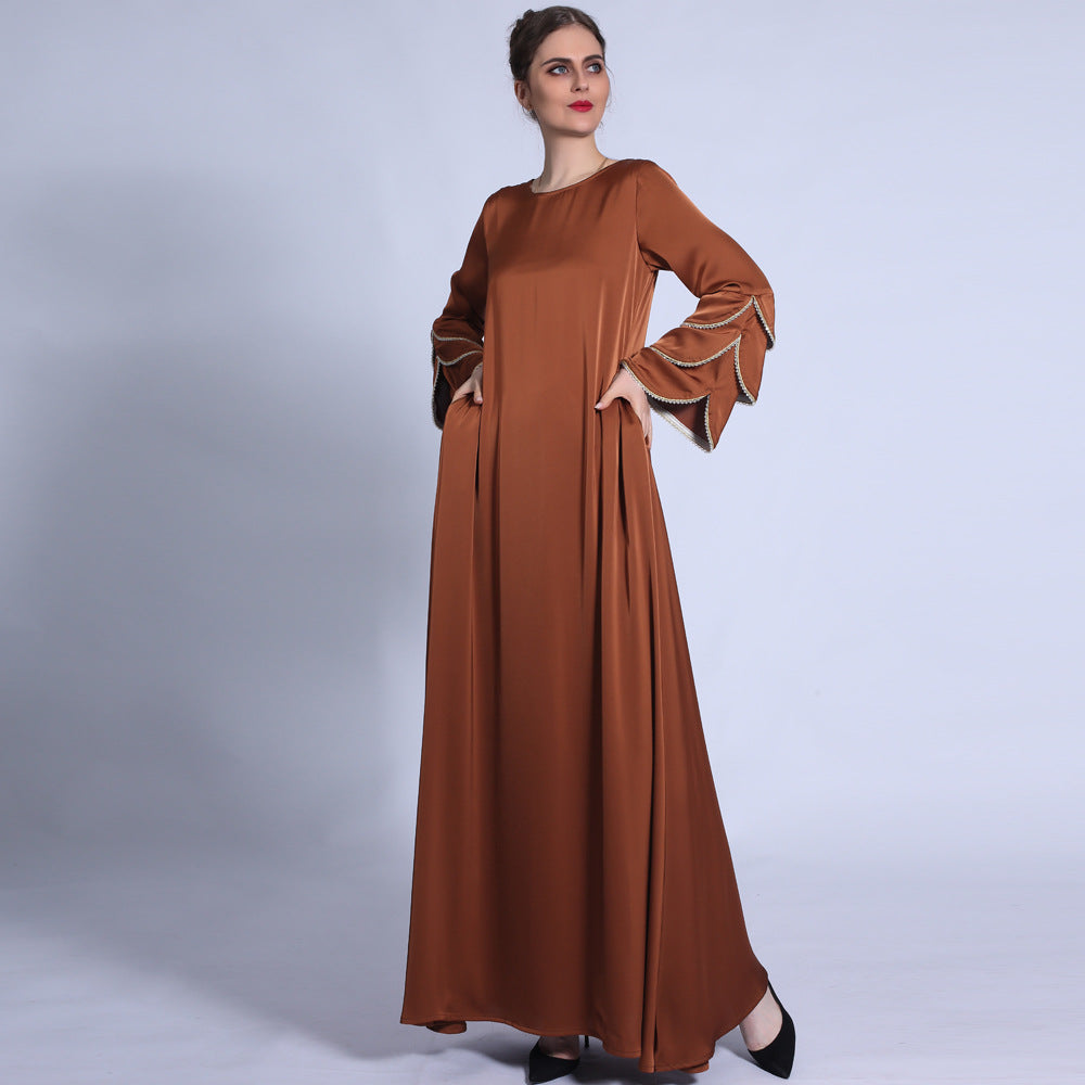 فستان HS0431 غير اللامع بذيل السمكة وأكمام بثلاث طبقات وخرز لامع على شكل حرف A وفستان طويل متأرجح كبير للنساء