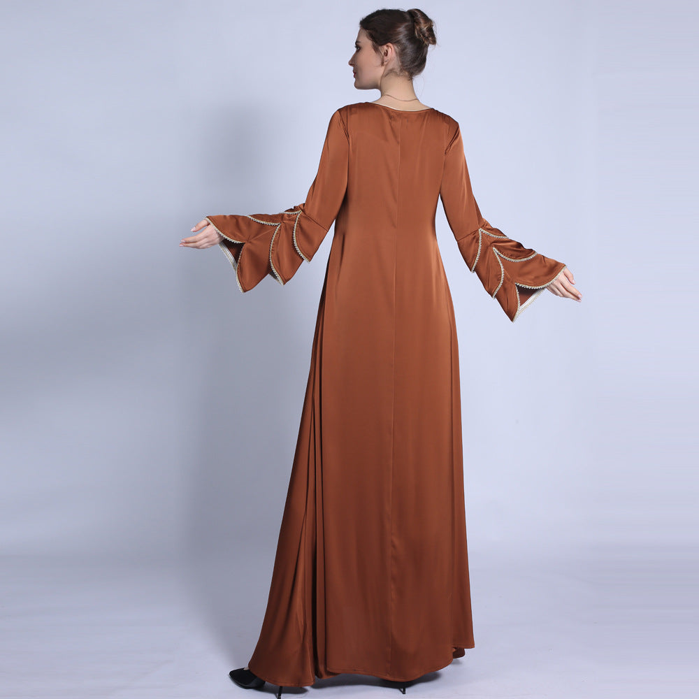 فستان HS0431 غير اللامع بذيل السمكة وأكمام بثلاث طبقات وخرز لامع على شكل حرف A وفستان طويل متأرجح كبير للنساء