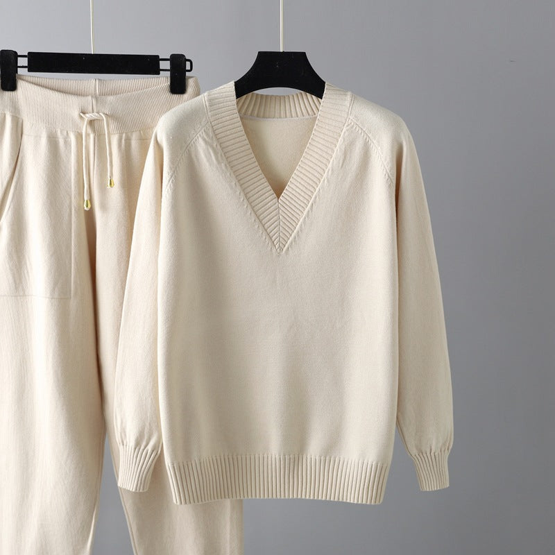 HS0476 autum and winter knitted 2 PCS SET V-neck with pockets