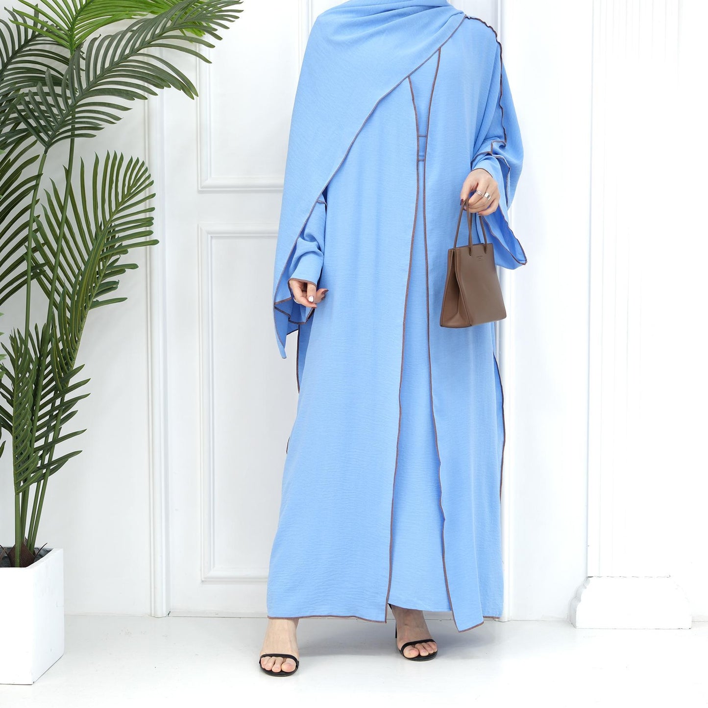HASASERIES HS1095 3pcs Set Cardigan+without Sleeves Inner Dress+Hijab
