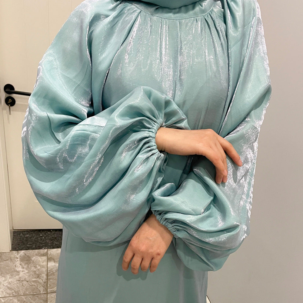 #HS10043 فستان حريري لامع طويل بأكمام فانوس كبيرة وياقة قائمة وربطة خلفية فستان نسائي