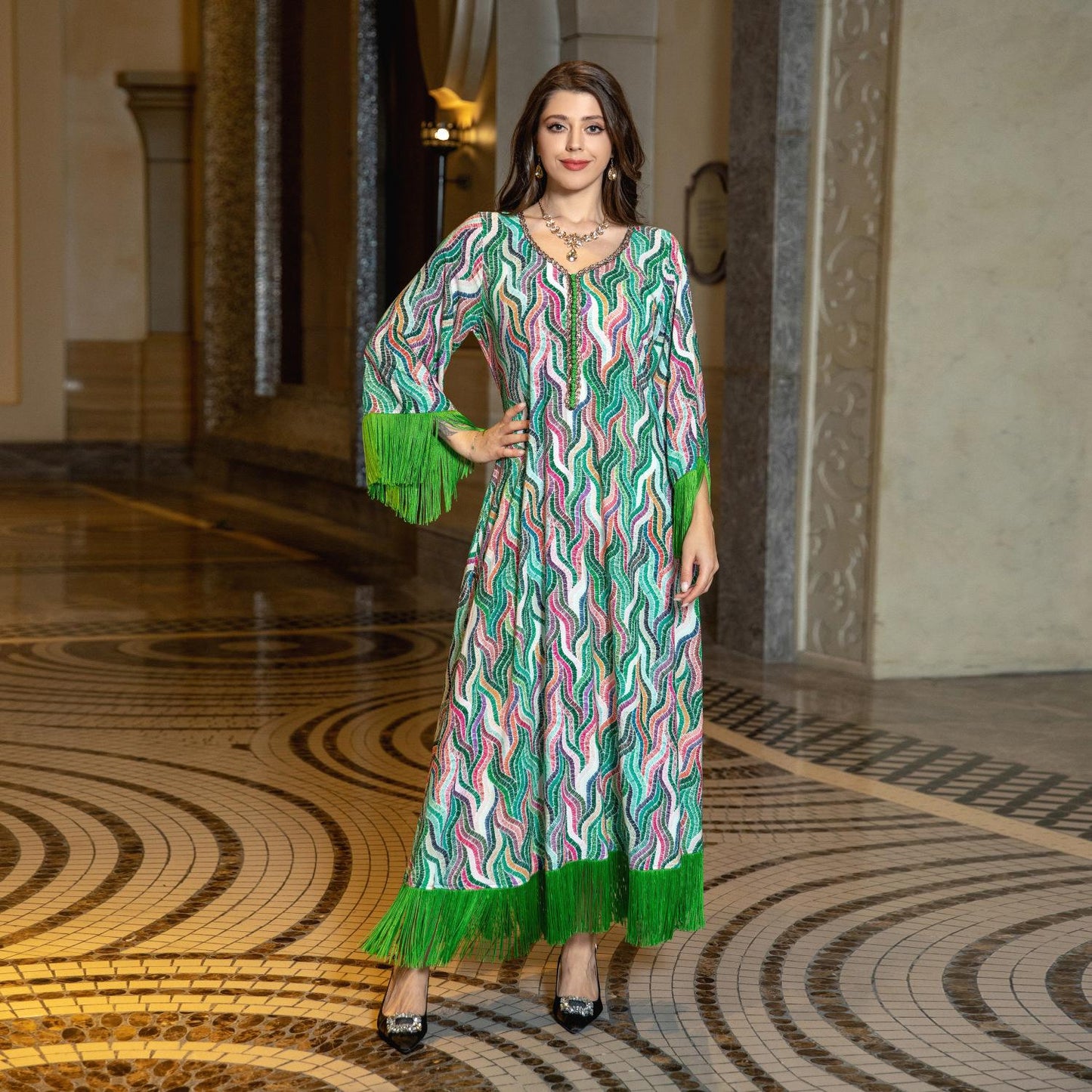 HASASERIES HS0521 Middle East Arab Dubai Muslim Robe Ladies Printed Casual Jalabiya Ethnic Clothing