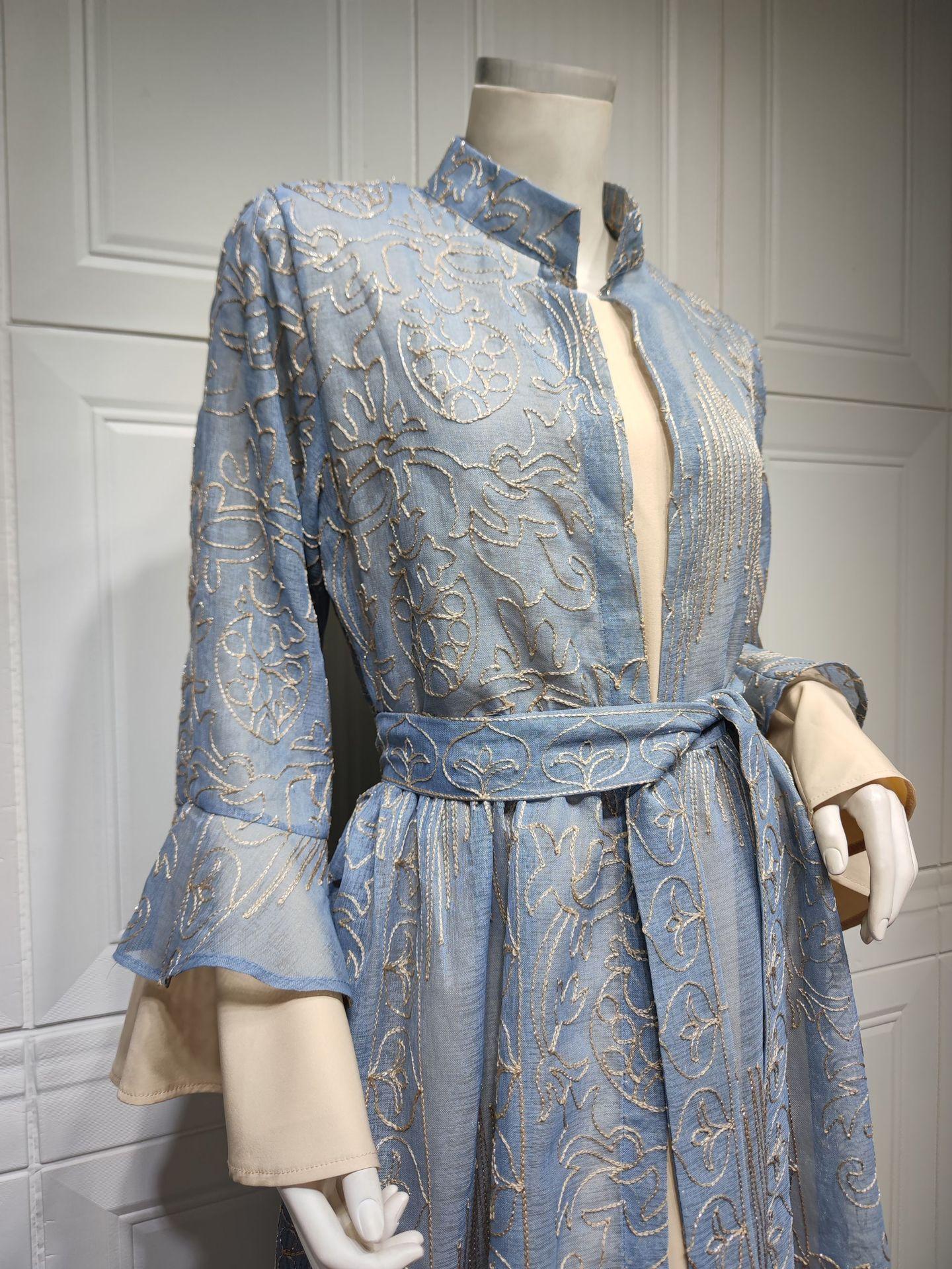 HS0445 2 pièces costume moyen-orient robe de soirée transfrontalière dame musulmane manches en feuille de lotus nouvelle robe abaya robe