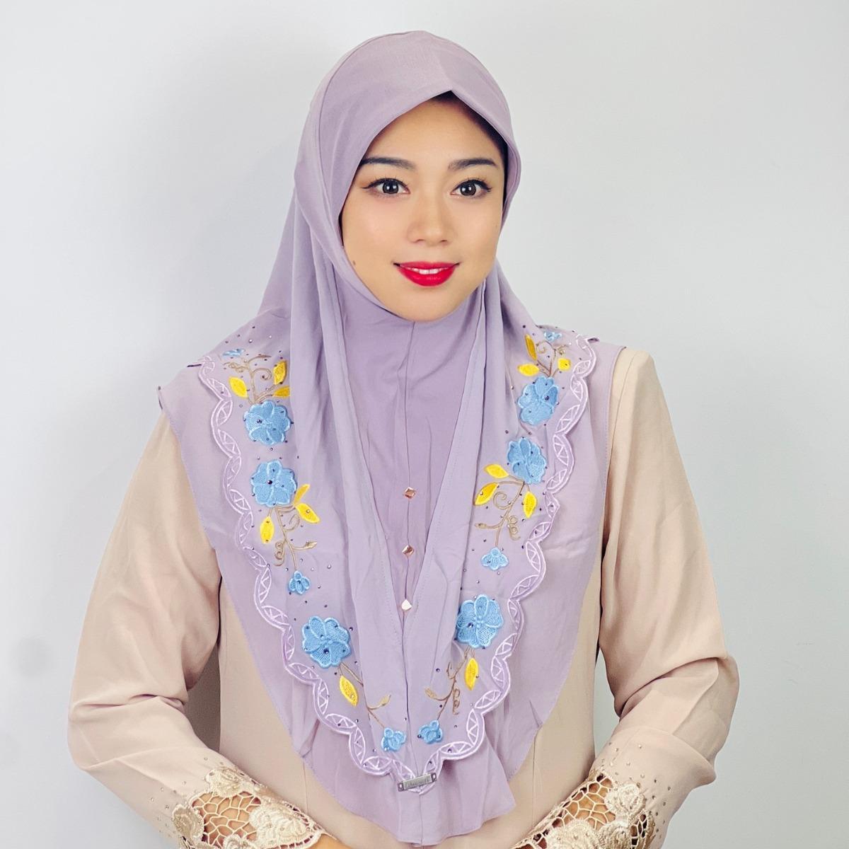HASASERIES HS1105 Double Layered Floral Embroidered Lace Headscarf for Women