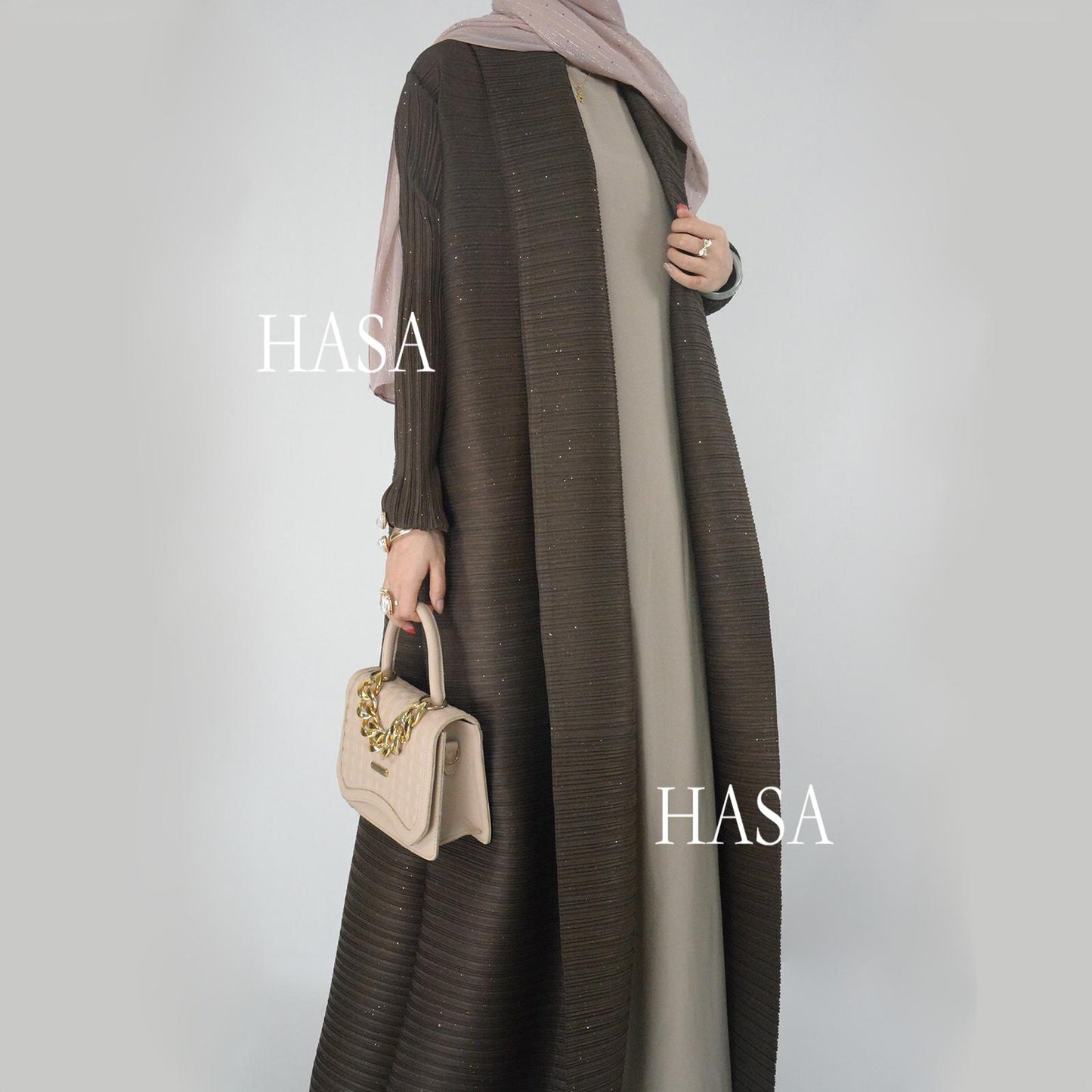 HS6158 Solid Long Sleeve Pleated Abaya with Artisan Sequin Work