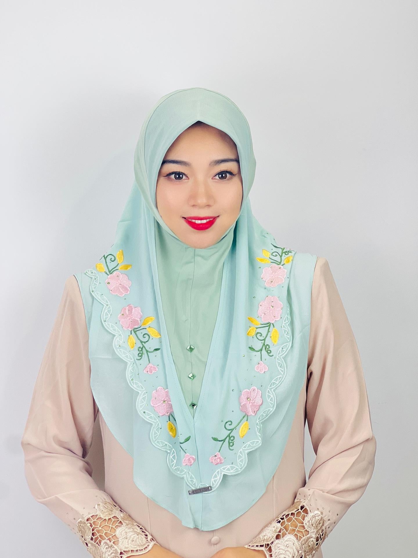 HASASERIES HS1105 Double Layered Floral Embroidered Lace Headscarf for Women