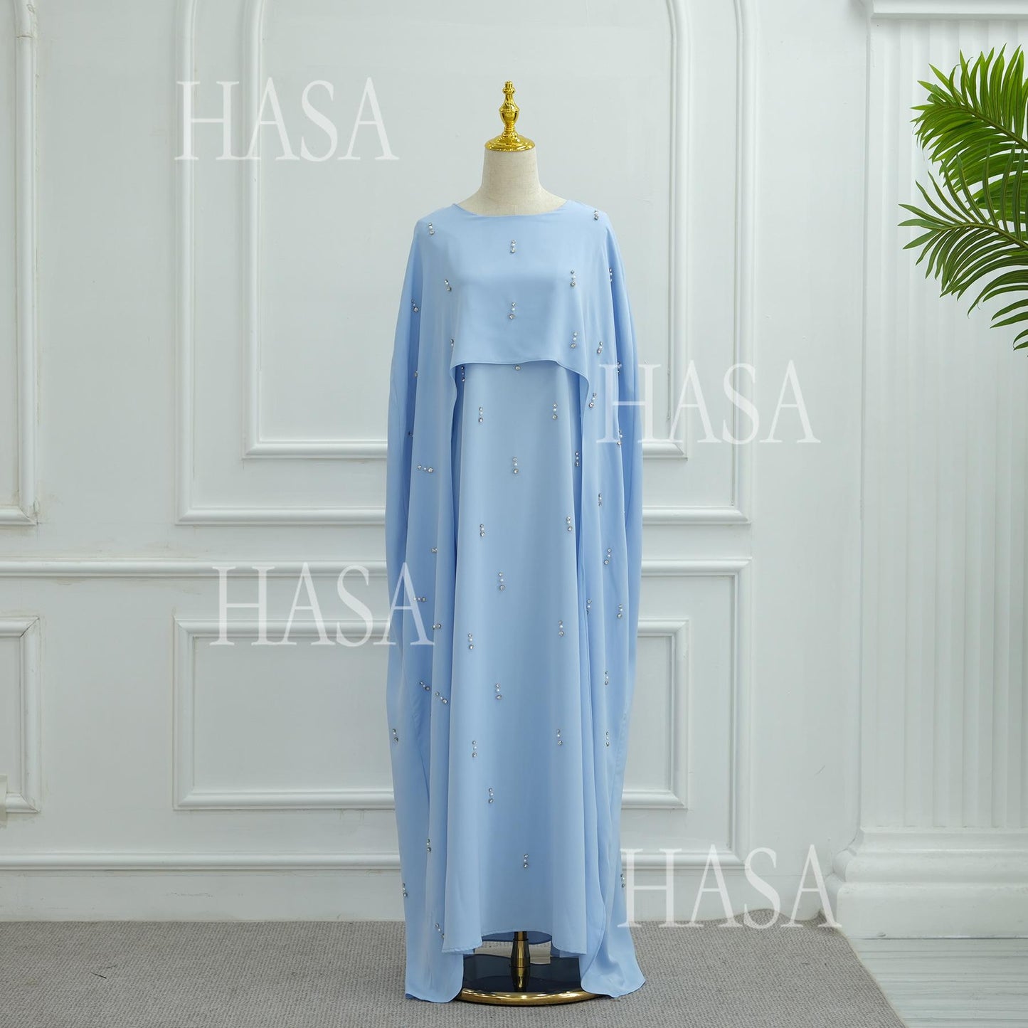 HS6505 Solid color beaded long dress with fake two-piece design