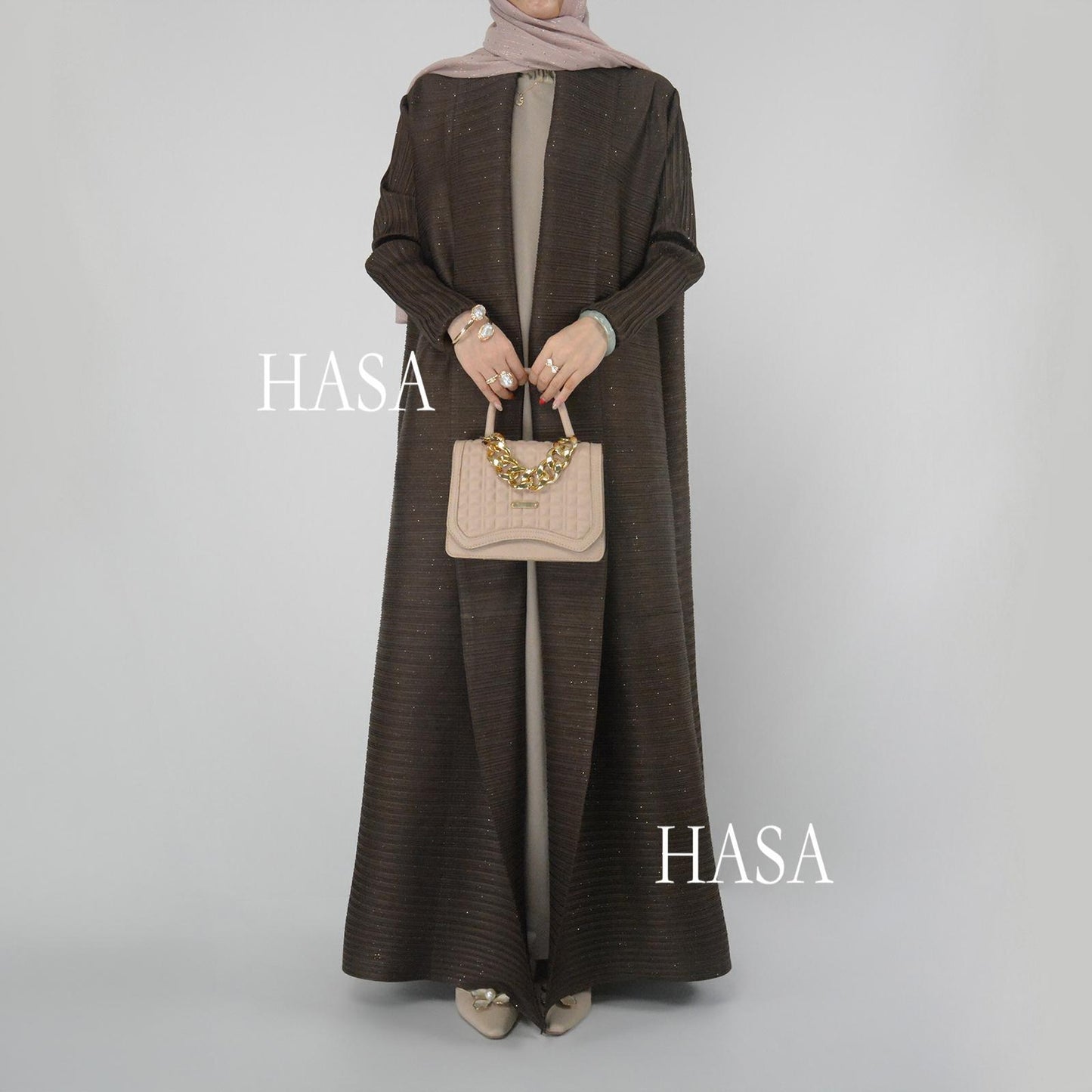 HS6158 Solid Long Sleeve Pleated Abaya with Artisan Sequin Work