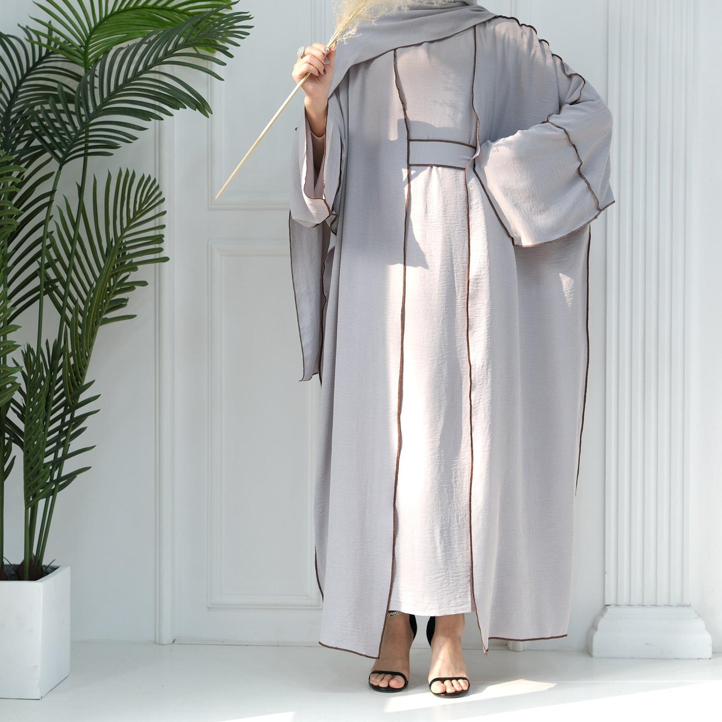HASASERIES HS1095 3pcs Set Cardigan+without Sleeves Inner Dress+Hijab
