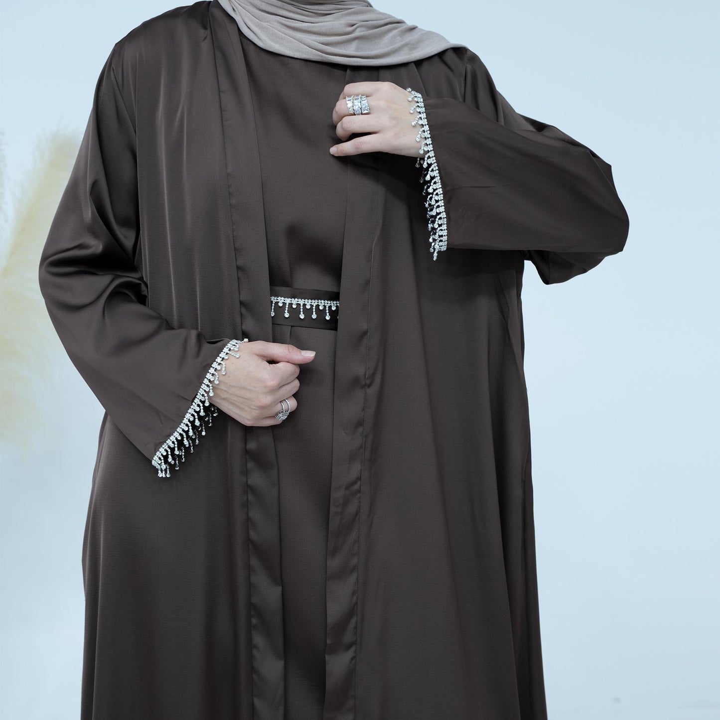 HASASERIES HS1005 4pcs Set Cardigan+without Sleeves Inner Dress+Crystal Chain+Hijab