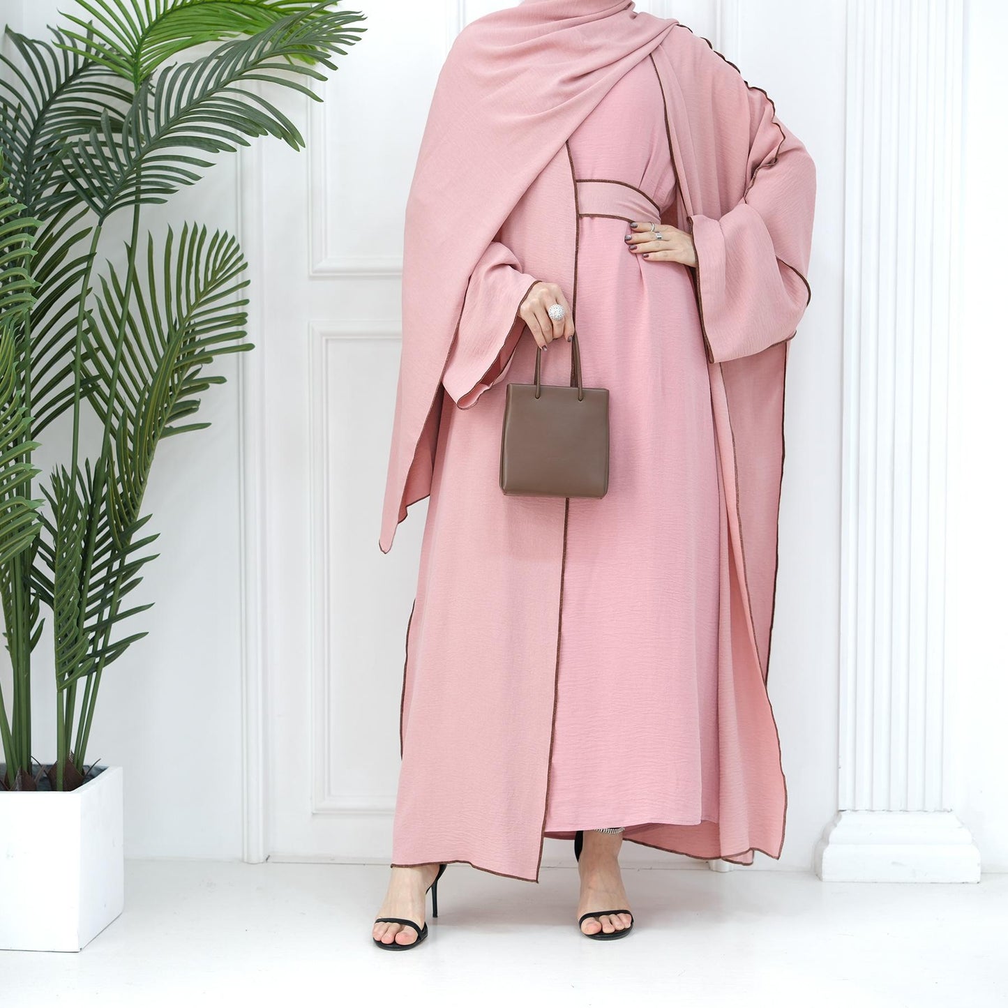HASASERIES HS1095 3pcs Set Cardigan+without Sleeves Inner Dress+Hijab