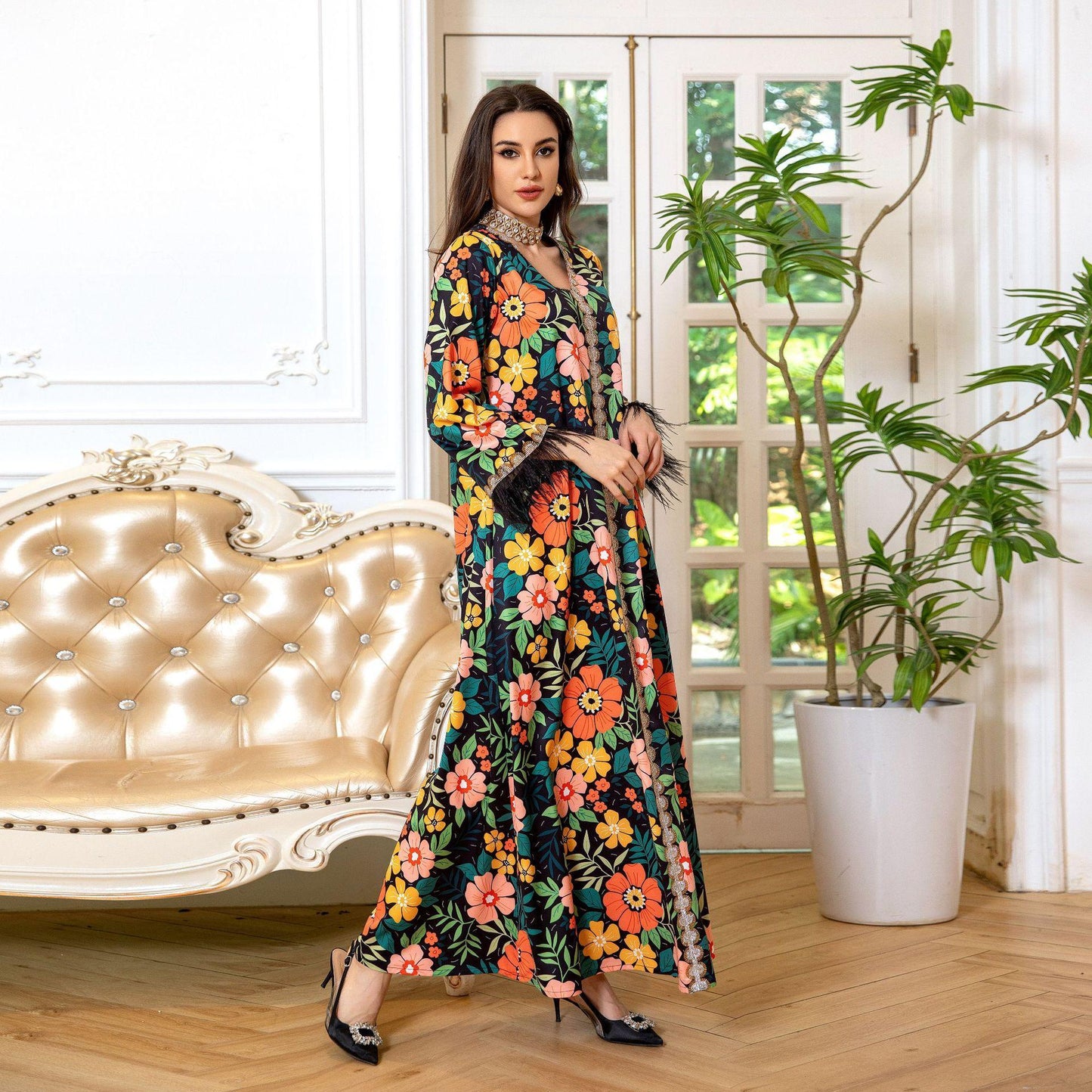 HASASERIES HS1078 Printed Diamond Camel Hair Dress