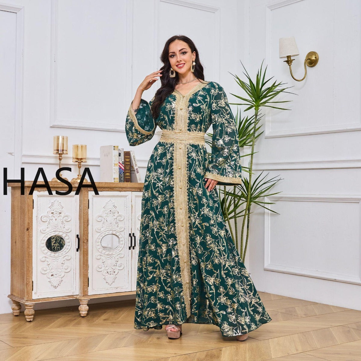 HS1249 Elegant Floral Abaya with Golden Detailing