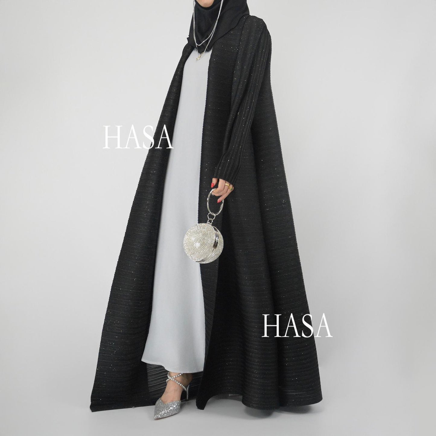HS6158 Solid Long Sleeve Pleated Abaya with Artisan Sequin Work