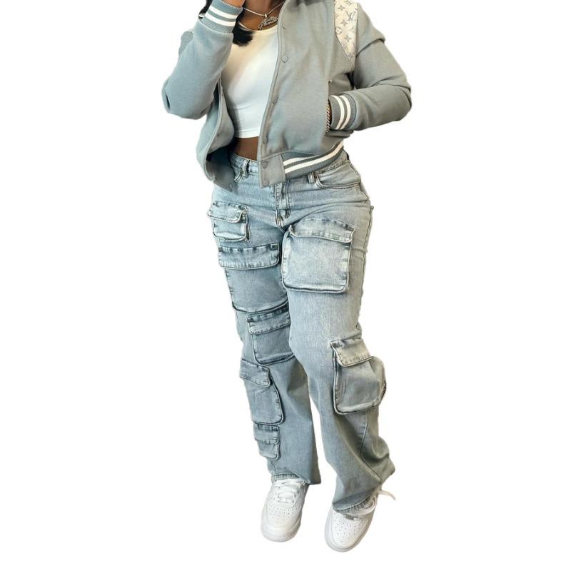 HS1917 Three-dimensional Multi-bag Tooling Style Denim Trousers