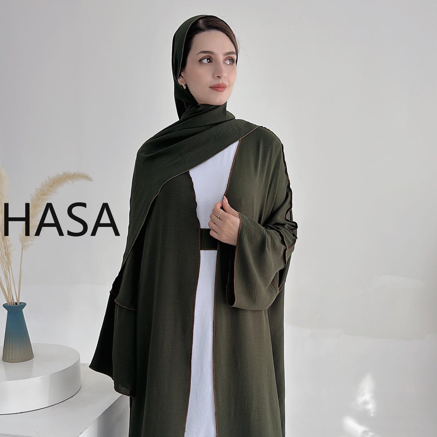 HASA HS1246H 2 PCS SET Crepe Solid Color Loose Hem Cardigan Robe with Hijab