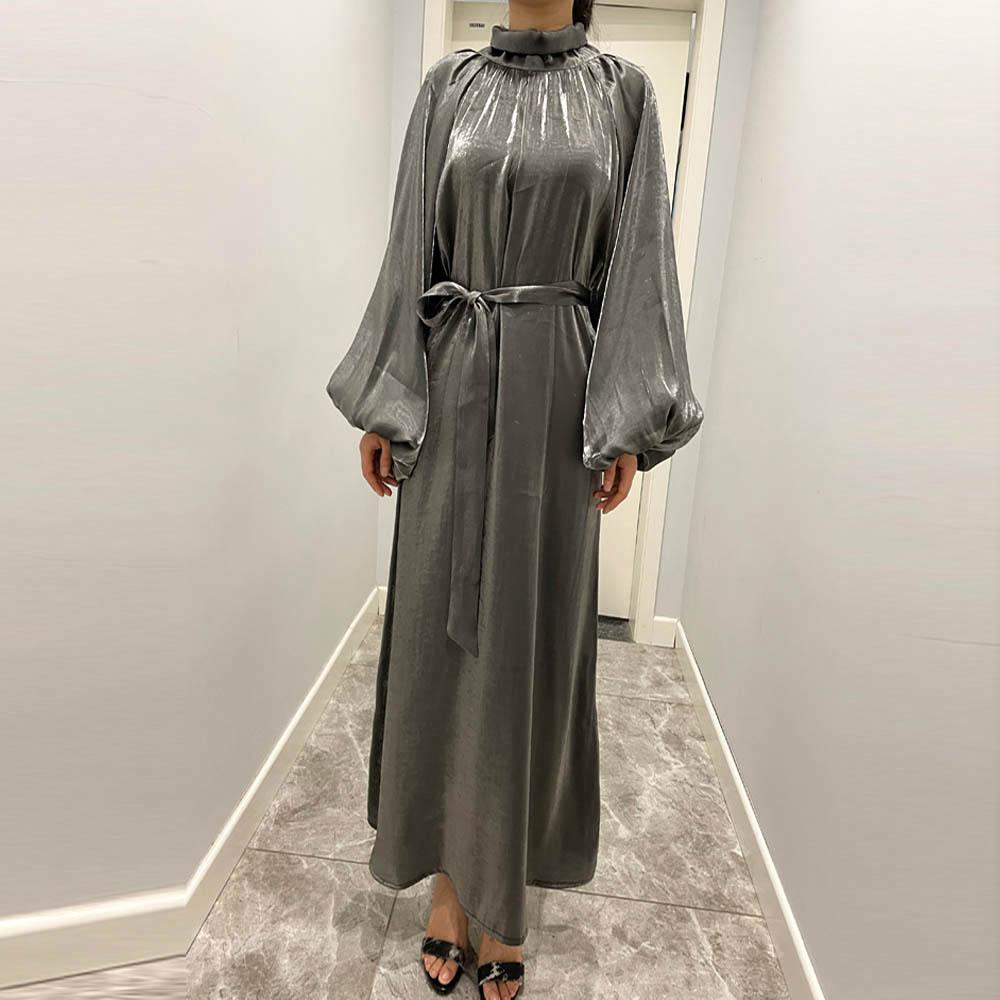 فستان حريري لامع طويل بأكمام واسعة من سلسلة HS10043 HASA، بياقة واقفة وربطة ظهر، فستان نسائي عباية