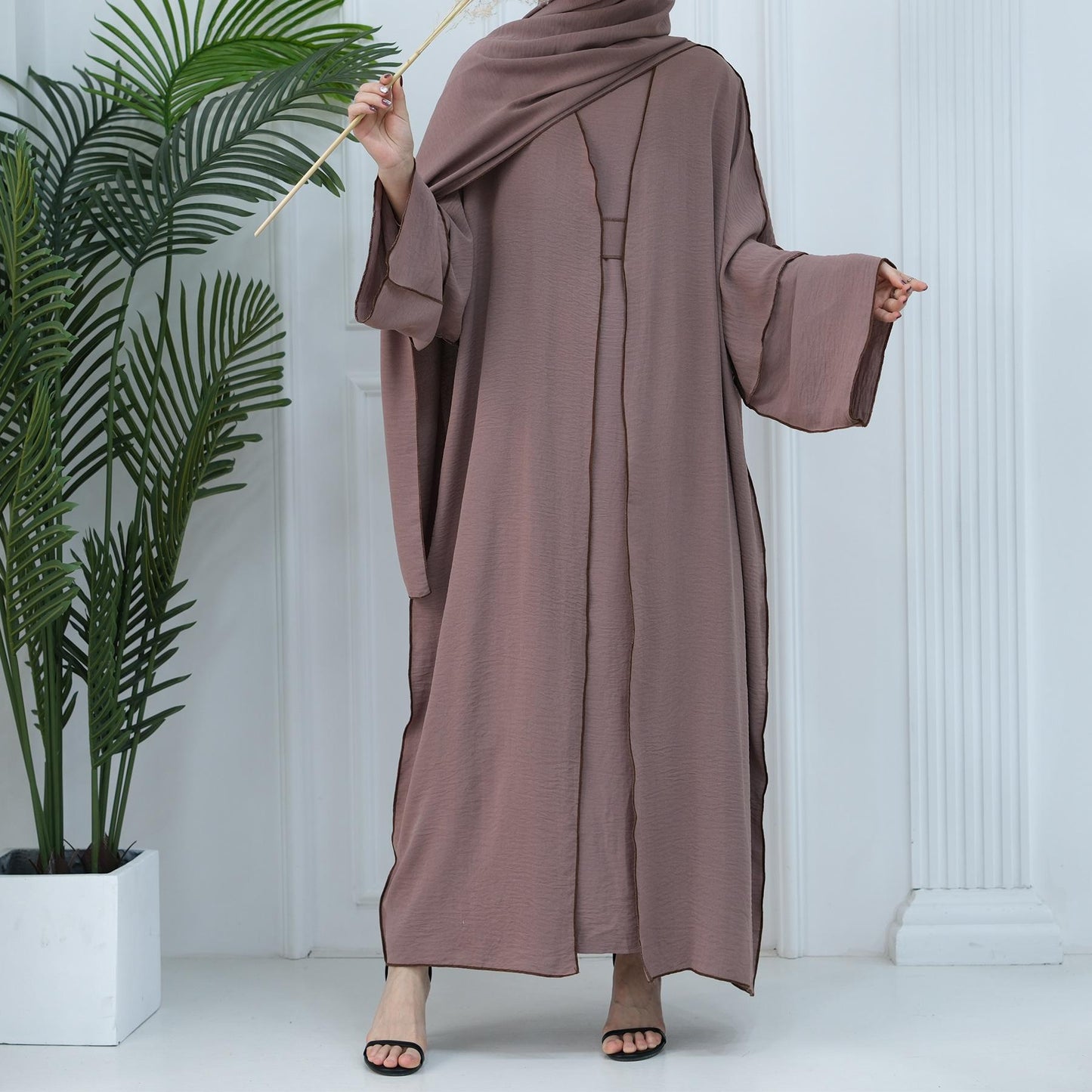 HASASERIES HS1095 3pcs Set Cardigan+without Sleeves Inner Dress+Hijab