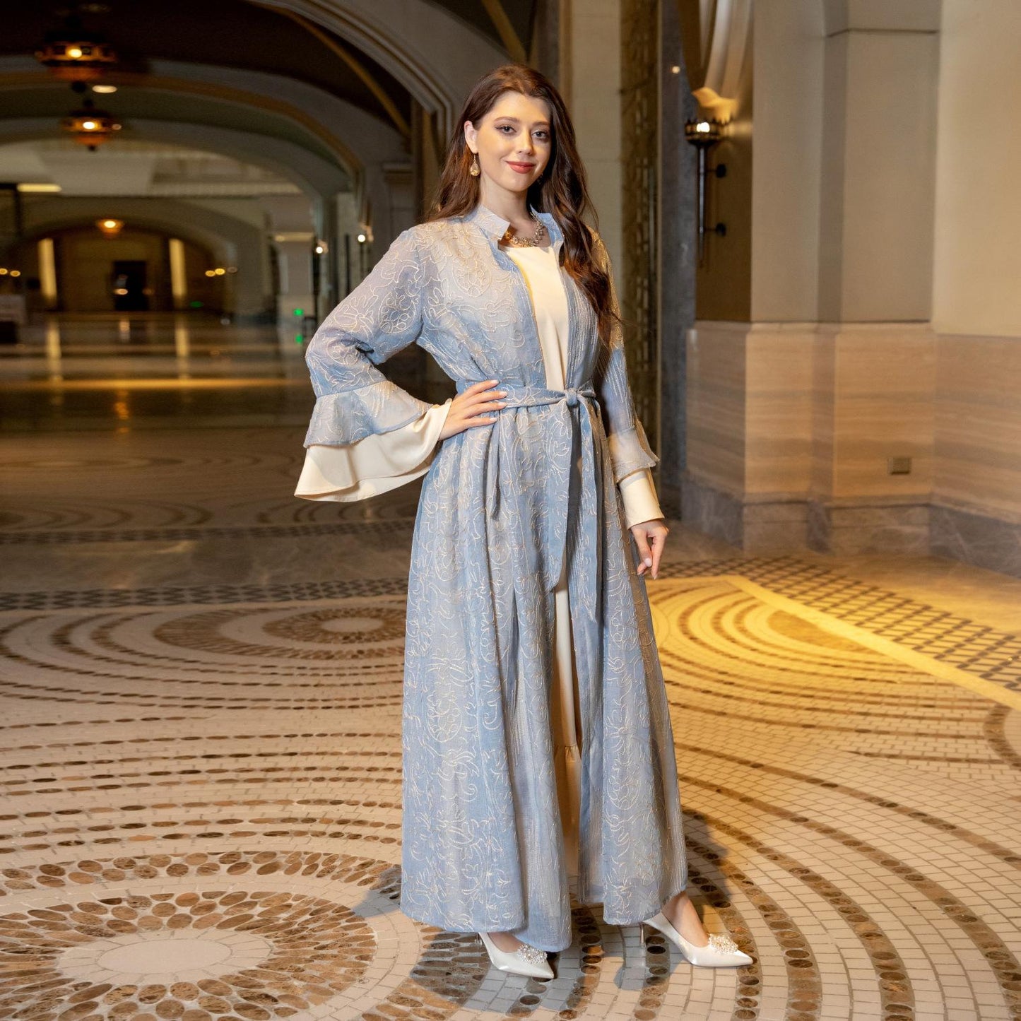 HS0445 2 pièces costume moyen-orient robe de soirée transfrontalière dame musulmane manches en feuille de lotus nouvelle robe abaya robe