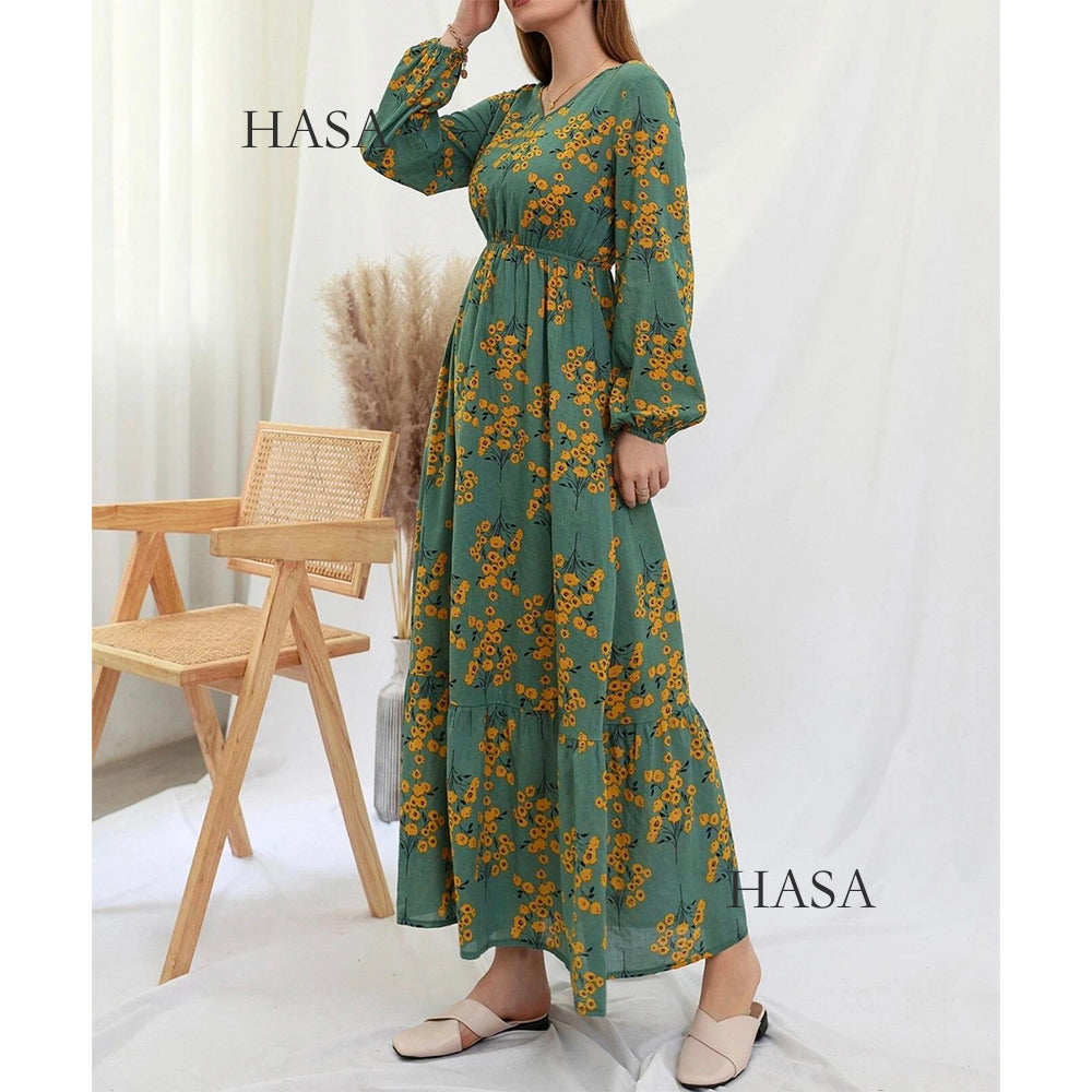 HS0819 Rayon long dress V-neck flower dress
