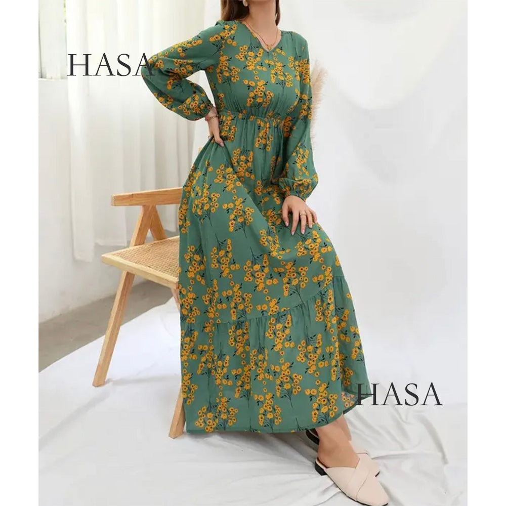 HS0819 Rayon long dress V-neck flower dress