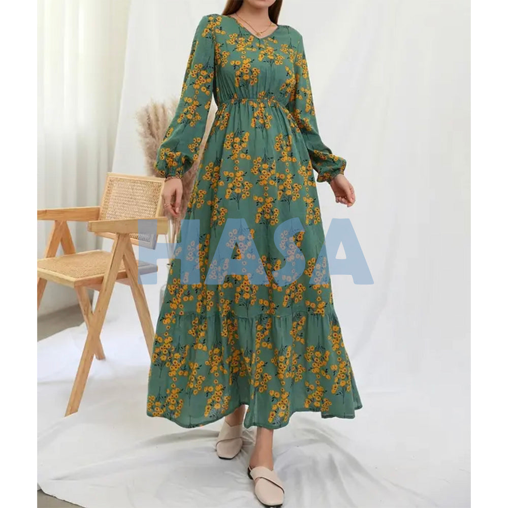 HS0819 Rayon long dress V-neck flower dress
