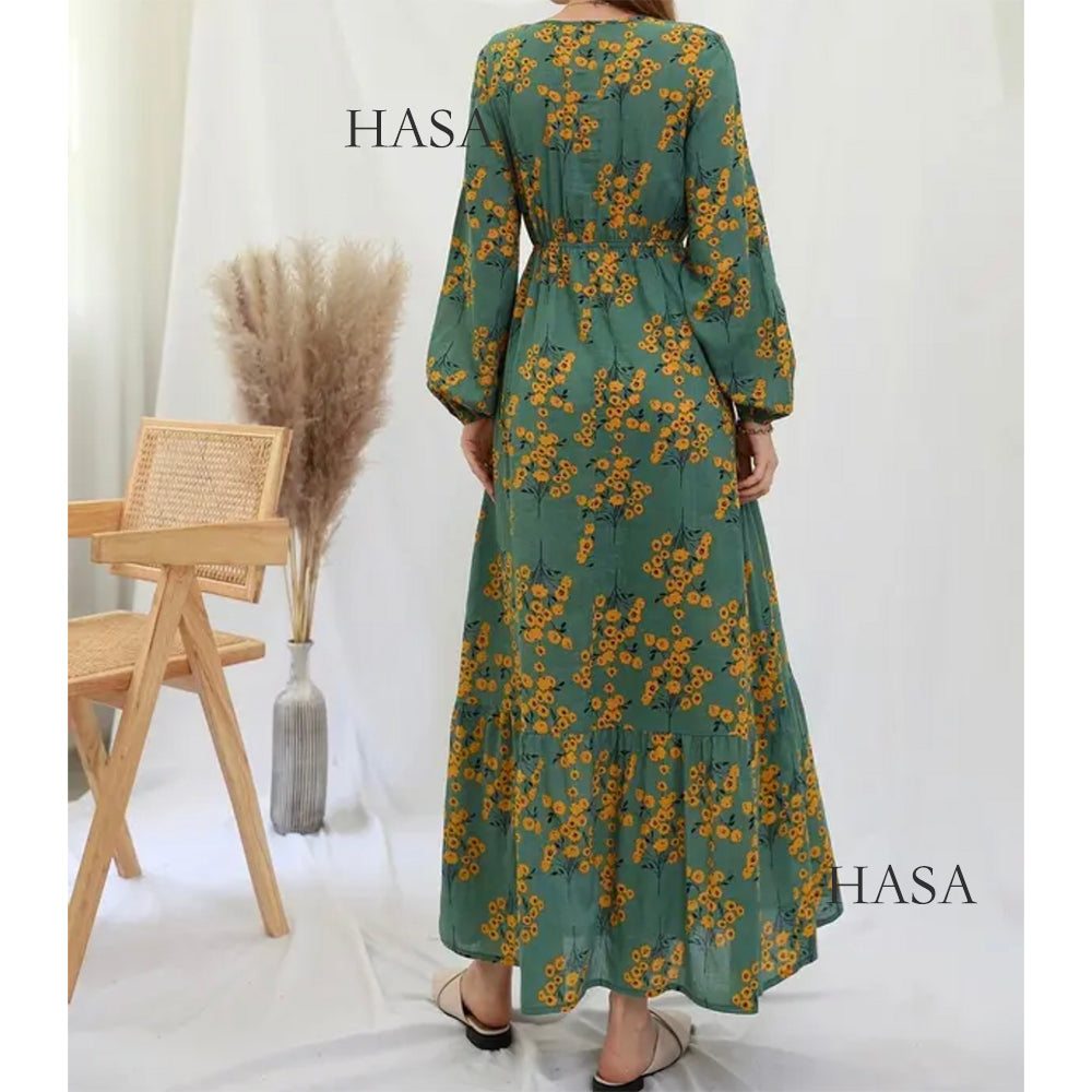 HS0819 Rayon long dress V-neck flower dress