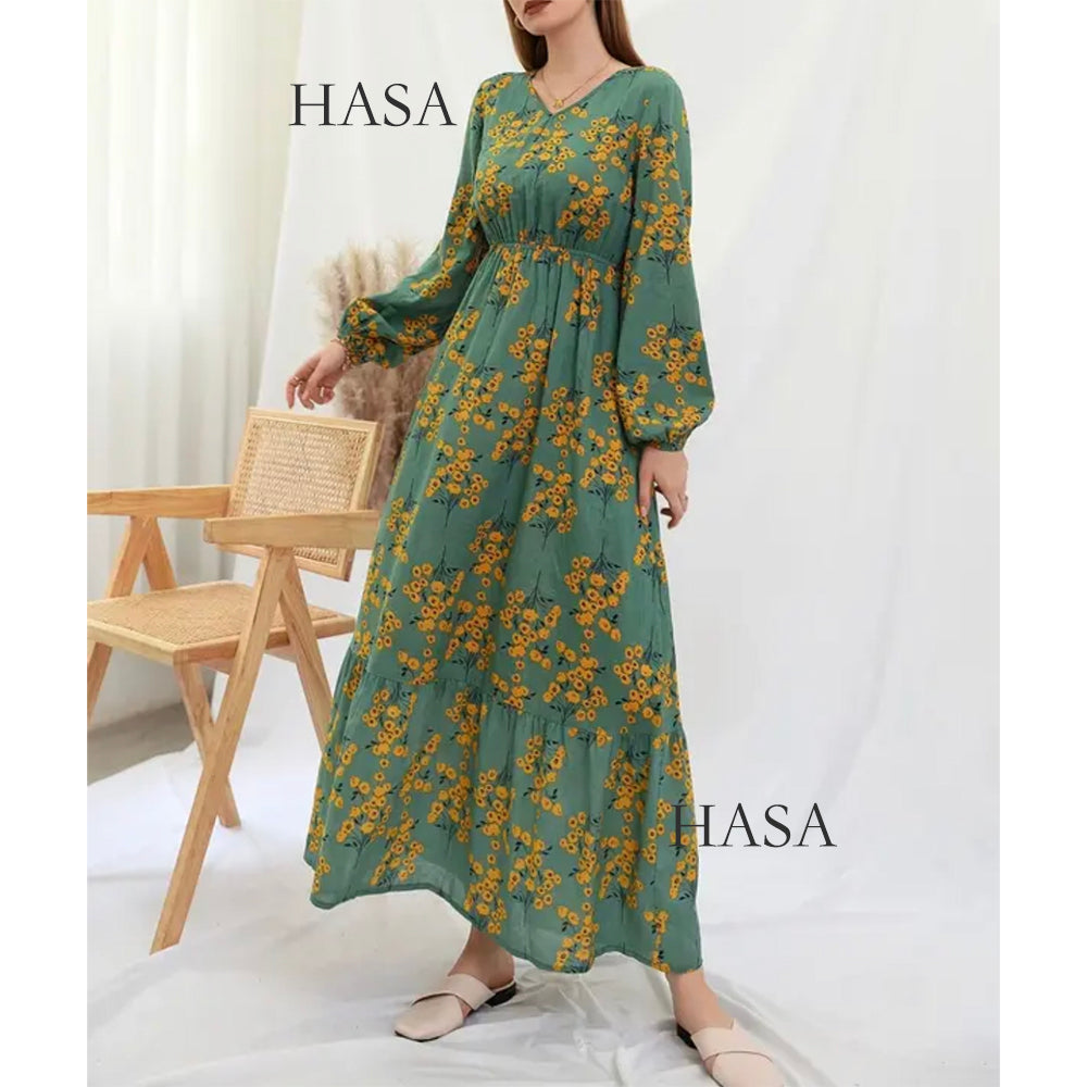 HS0819 Rayon long dress V-neck flower dress