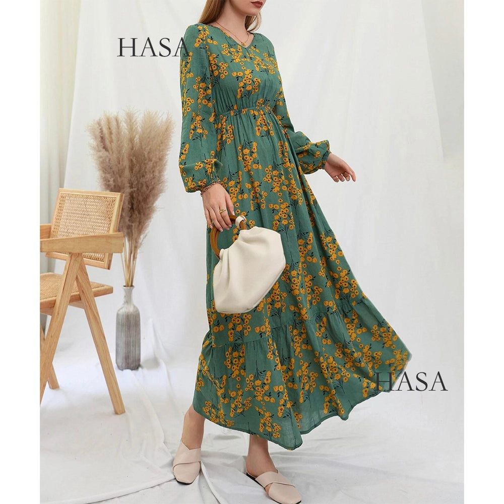 HS0819 Rayon long dress V-neck flower dress
