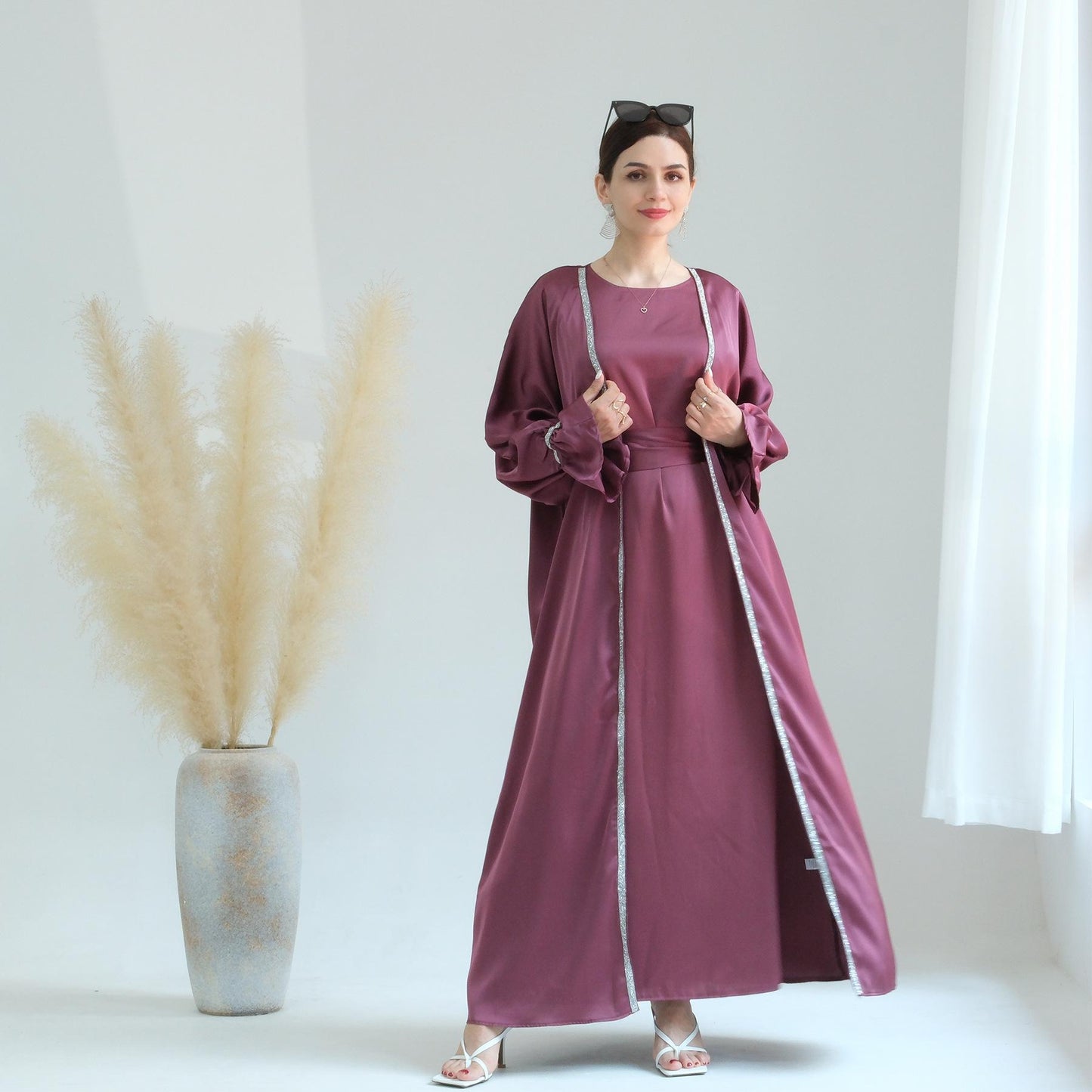 HASASERIES HS0567 Beaded Trumpet Sleeve Robe and Sleeveless Skirt with Inside Two-piece Suit