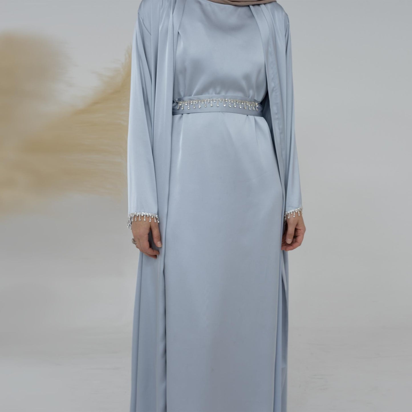 HASASERIES HS1005 4pcs Set Cardigan+without Sleeves Inner Dress+Crystal Chain+Hijab