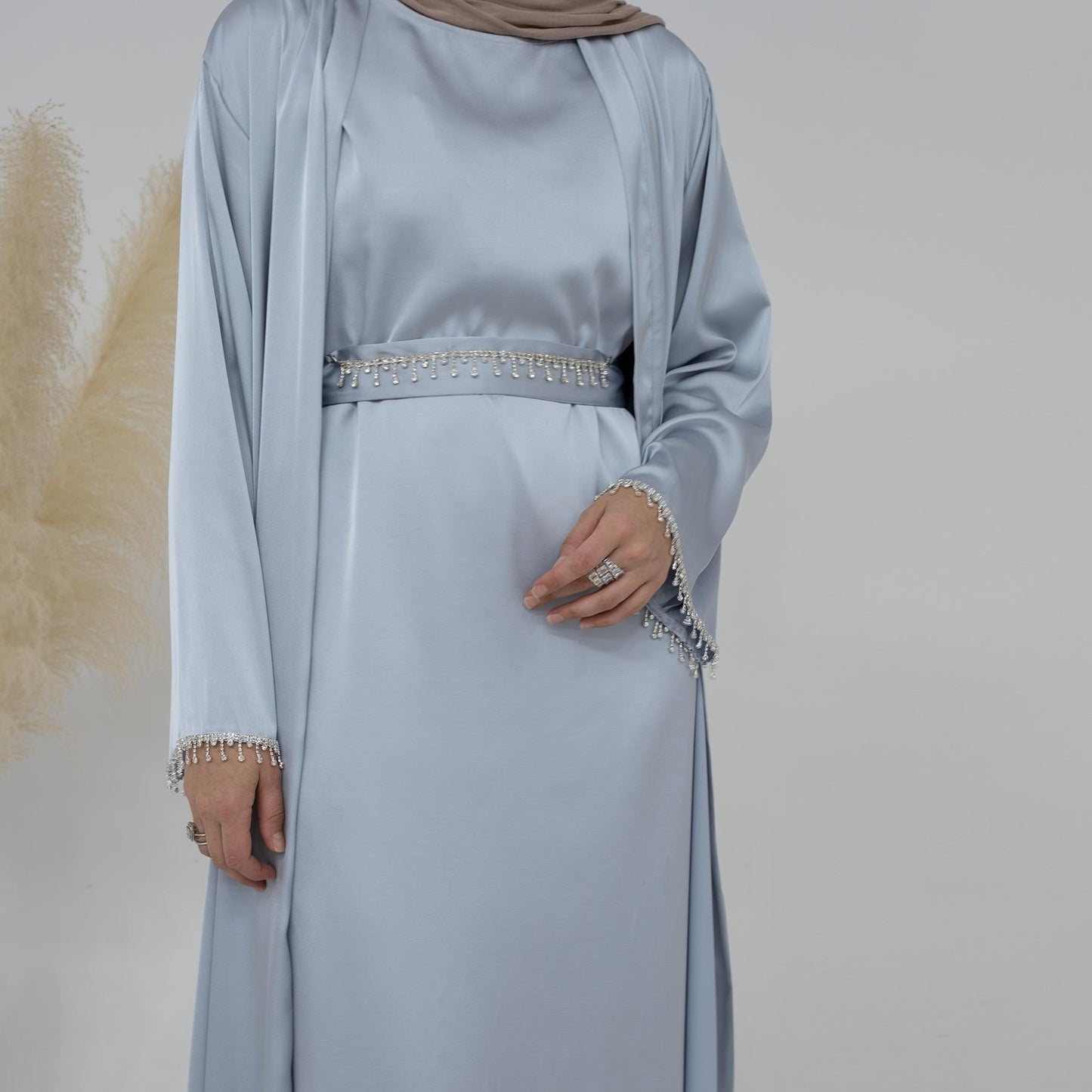 HASASERIES HS1005 4pcs Set Cardigan+without Sleeves Inner Dress+Crystal Chain+Hijab