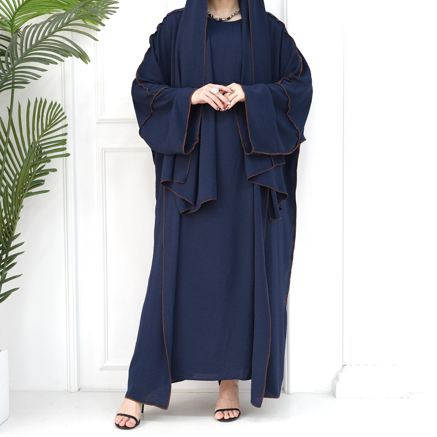 HASASERIES HS1095 3pcs Set Cardigan+without Sleeves Inner Dress+Hijab