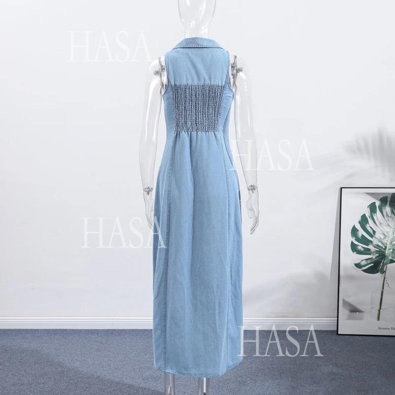 HASA HS6775 Elegant V Neck Button Front Denim Dress