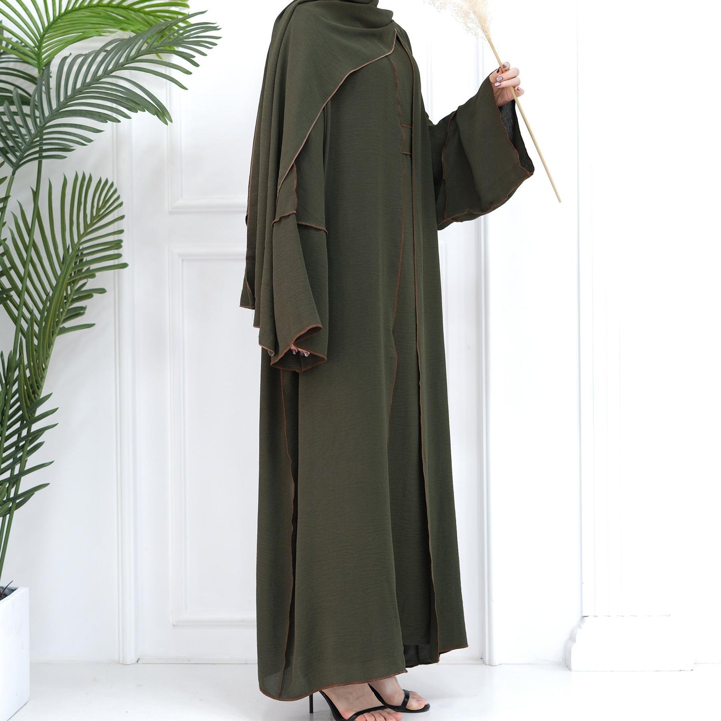 HASASERIES HS1095 3pcs Set Cardigan+without Sleeves Inner Dress+Hijab