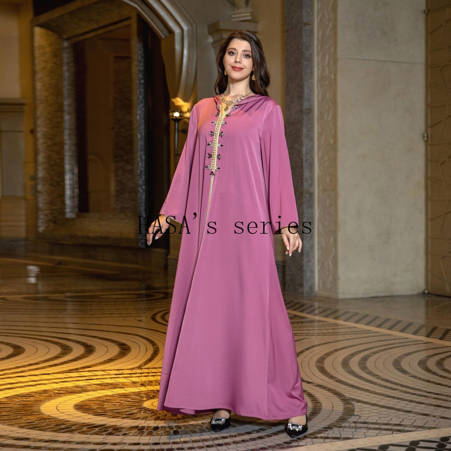 HASA's Series HS1231 Jeweled Ribbon Satin Home Dress Abaya